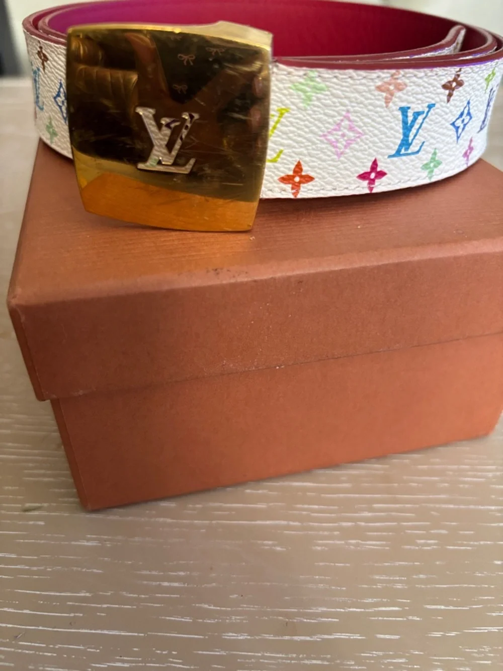 Louis Vuitton White Multicolor Monogram Leather Belt some scratches on buckle - Picture 1 of 4